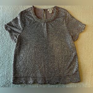 Monteau Golden Shimmery Sequin Top, Pearl Beaded Neck, Scalloped Hem. Girl Sz L